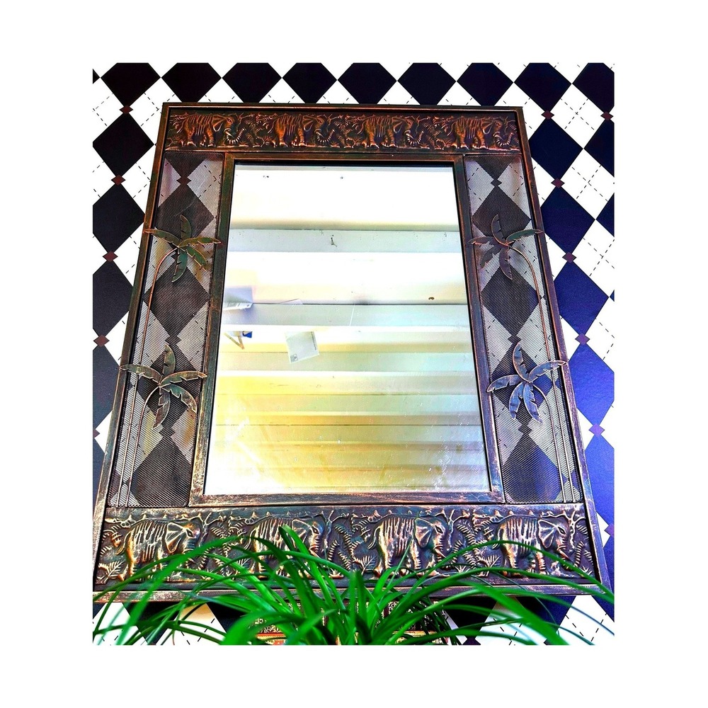 Vintage Elephant Palm Tree Copper Tone Metal Wall Mirror Safari Decor 33x25